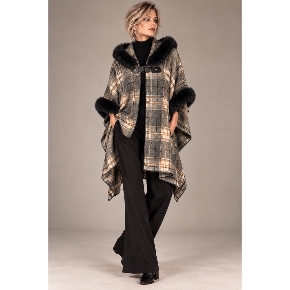 Northern Angel L/XL Plaid Faux Fur Trim Hooded Cape Poncho